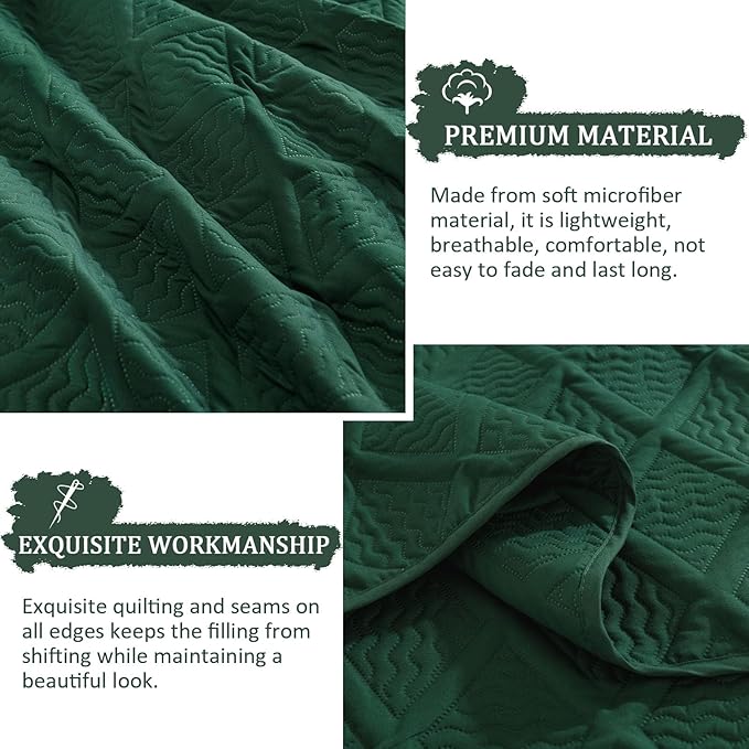 Yiran Quilts King Size, Emerald Green Spring Summer Bedspread Bedding Set, 3 Pieces Diamond Pattern Thin Lightweight Coverlet with 2 Pillow Shams for All Season 106x96 Inch