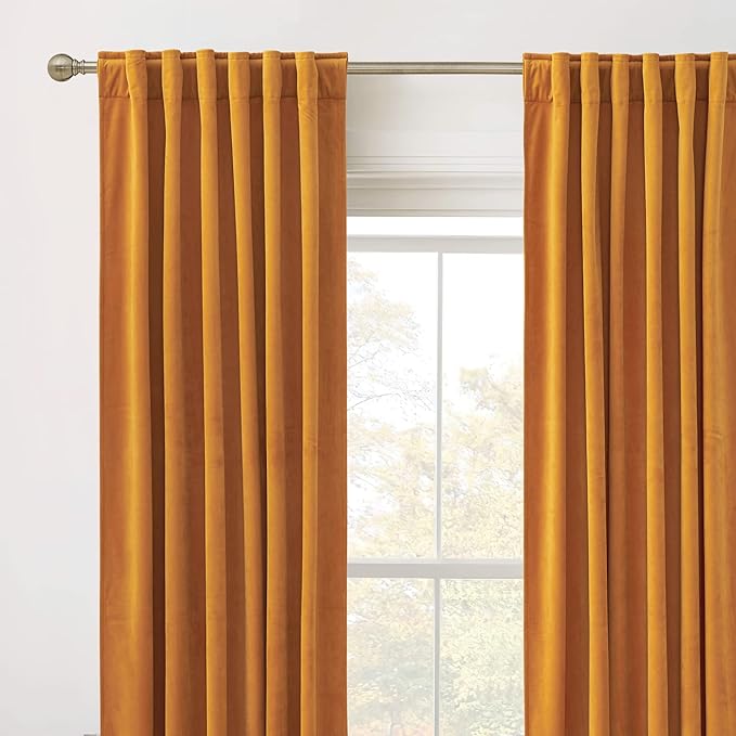 RYB HOME Gold Velvet Curtains 102 inches, Back Tab Soft Fabric Room Darkening Thermal Insulated Luxurious Home Decor Curtains for Living Room Bedroom, W 52" x L 102", 2 Panels Set
