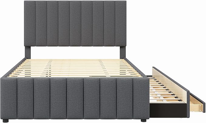 Bellemave Full Size Bed Frame with Twin Trundle Bed and Storage Drawers,Linen Upholstered Bed Frame,Full Size Trundle Bed with Adjustable Headboard for Kids Teens Adults,Gray