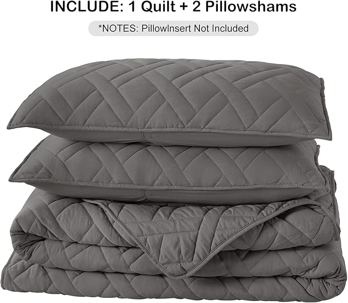 HORIMOTE HOME Quilt Set King Size Grey, Classic Geometric Diamond Stitched Pattern,Microfiber Ultra Soft Lightweight Bedspread Coverlet for All Season, 3 Piece Includes 1 Quilt and 2 Shams