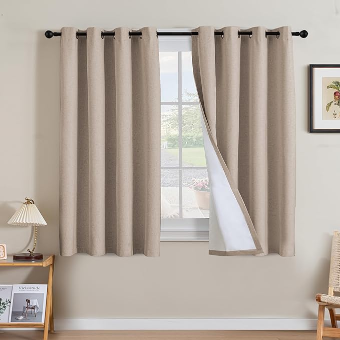 H.VERSAILTEX Linen Curtains 100% Blackout Curtains for Bedroom 54 inch Long Full Light Blocking Nature Linen Blended Window Curtains for Living Room Nickel Grommet (2 Panels, Heathered Sand)