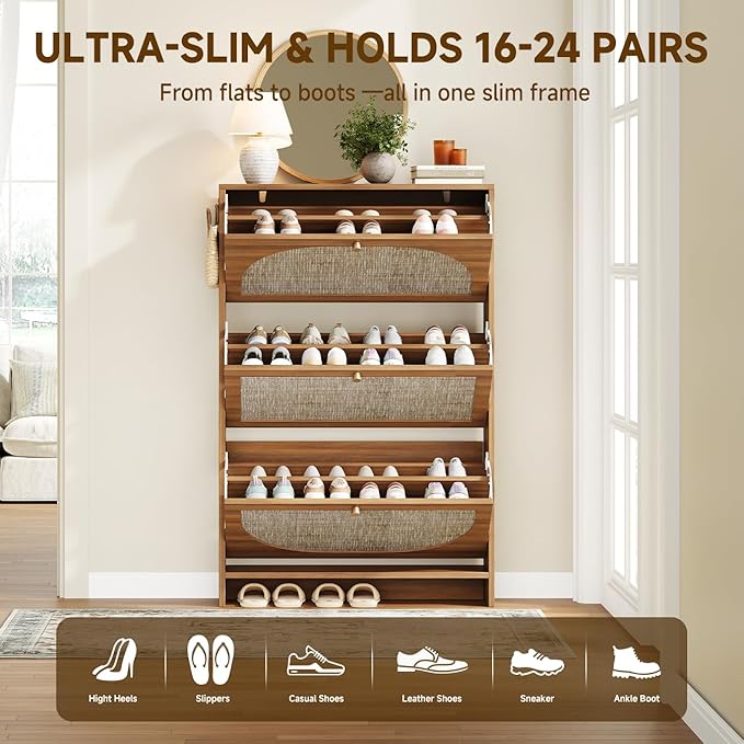 Nicetree Freestanding Ultra Slim Arched Rattan Accent Shoe Storage Cabinet for Entryway - 3 Flip Drawers & 3-Tier Adjustable Shelves, Farmhouse Modern Rustic Shoe Rack for Hallway, Foyer