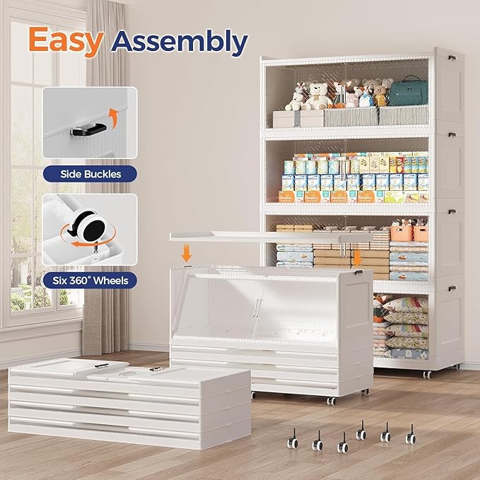 240GAL Extra Large Storage Bins with Lid, 960QT Collapsible Organizer with Wheels, Stackable Closet Cabinet with Doors, Folding Storage Containers for Home, Office, Kitchen, 3Pack White