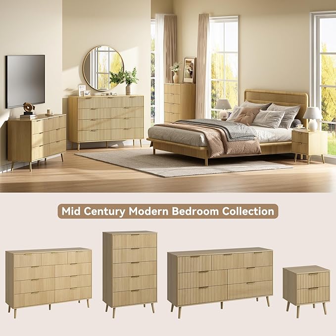 CARPETNAL Fluted 9 Drawer Dresser for Bedroom, 55" Wide Wooden Chest of Drawers with Rounded Corners, Gold Handles, Modern Storage Organizer for Bedroom, Hallway (Oak)