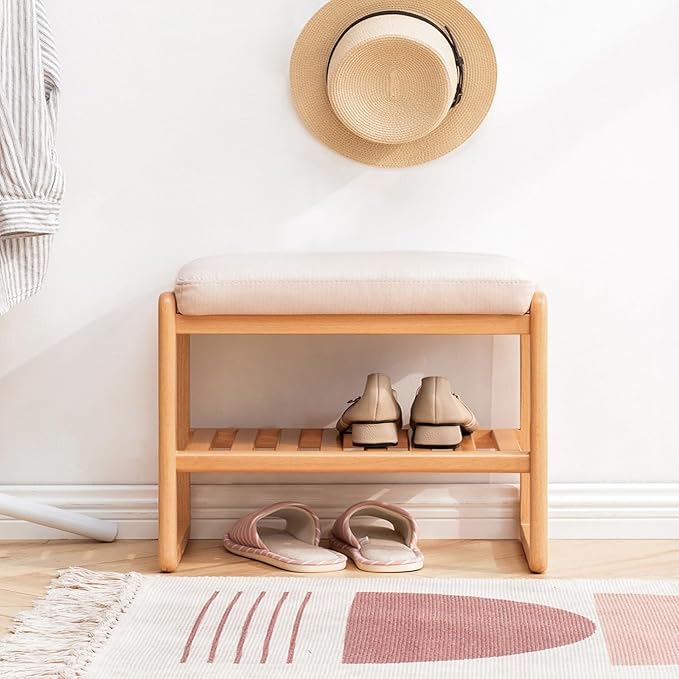 Wood Shoe Bench,2-Tier Storage Bench with Cushion Padded Seat,Entryway Bench with Shoe Storage, Small Bench for Entryway,Living Room