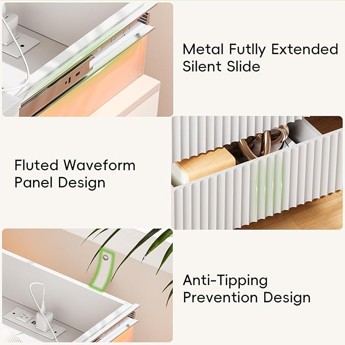 Nightstands Set of 2 with Charging Station & LED Lights, Modern Small Fluted Bedside & End Tables with 3 Drawers, Sliding Top & Hidden Storage, Wooden Farmhouse Night Stand for Bedroom Office,White