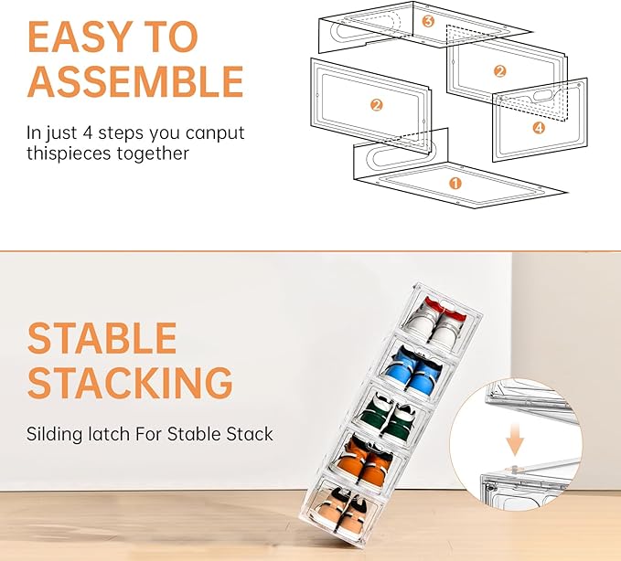 6 Pack Large Shoe Storage Box, Clear Shoe Storage Organizer with Magnetic Door, Stackable,Shoe Containers For Display Sneakers, Easy Assembly, Fit up to US Size 12, Clear
