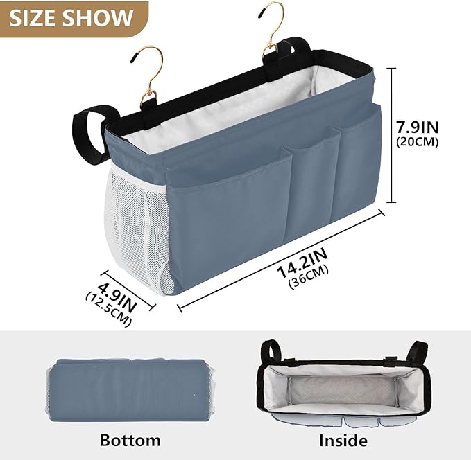 KOPIRIT Dusty Blue Bedside Caddy Storage Bag Bedside Organizer for Headboards Bunk Beds Organizer Caddy Hanging Shelf 6 Pockets with Hooks for Magazine Water Bottle Holder