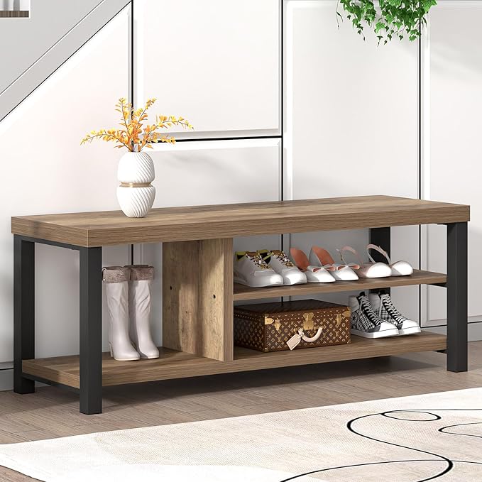 FOLUBAN Shoe Bench for Entryway, Wood and Metal Indoor Bench with Shoe Storage and Seating for Bedroom, Hallway, Living Room, Rustic Oak, 43.3 Inch