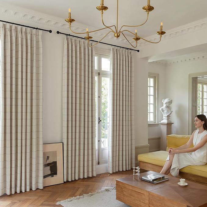 Pinch Pleated Plaid Curtains Blackout Linen Gingham Curtains for Living Room,Bedroom Checkered 84 Inches Long Double Layer 2 Panels Set Luxury and Modern Printed Design Darkening