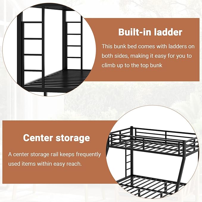 Twin XL Over Queen Bunk Bed Frame, Heavy Duty Metal Loft Bed for Adults/Teens, 350/600LB Capacity w/Ladder & Guardrail, Noise-Free Steel Slats, No Box Spring Required, Black