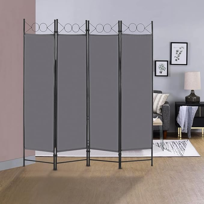4 Panel Room Divider 6FT Steel Frame Screen Folding Privacy Divider Freestanding Partition for Home Office Bedroom (Grey)