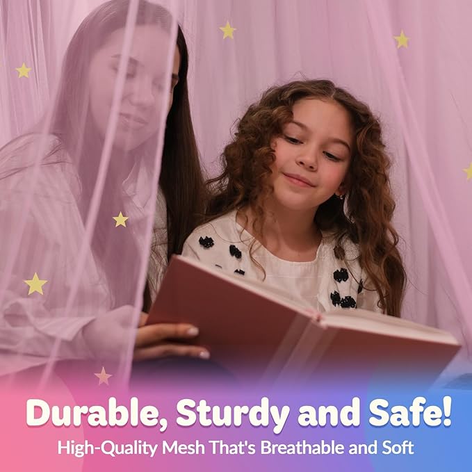 Pink Bed Canopy for Girls with Glowing Stars - Premium Canopy Bed Curtains | Fits Single, Twin, Full, Queen Size Kids Bed, Princess Netting Room Decor, Ceiling Tent to Cover Toddler, Canopy for Bed