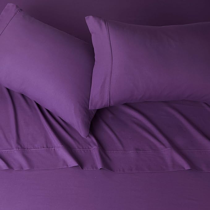 Amazon Basics Lightweight Super Soft Easy Care Wrinkle Free Breathable Microfiber 4-Piece Bed Sheet Set with 14-Inch Deep Pockets, King, Plum, Solid
