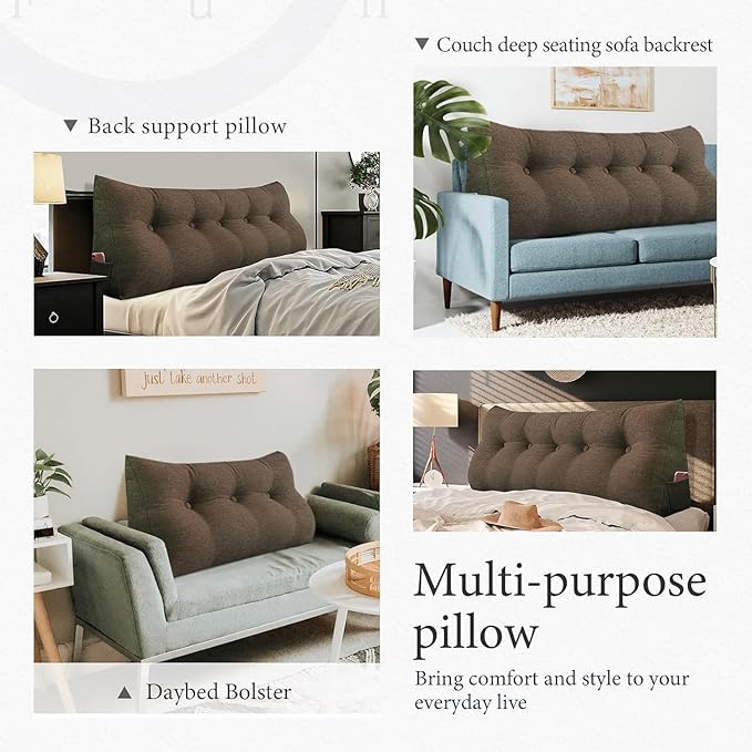 homecozy Wedge Headboard Pillow Dorm Room Reading Pillow Back Support for Sitting Up in Bed Bolster Lumbar Cushion Body Positioning Bedrest Cotton Linen 39in Coffee Twin
