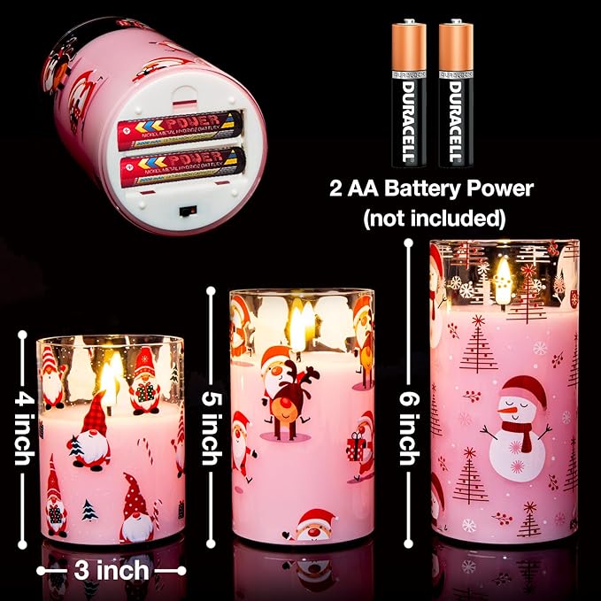 Eywamage Pink Christmas Flameless Pillar Candle with Remote, Flickering Gnomes Santa Glass LED Candles Battery Operated Set of 3