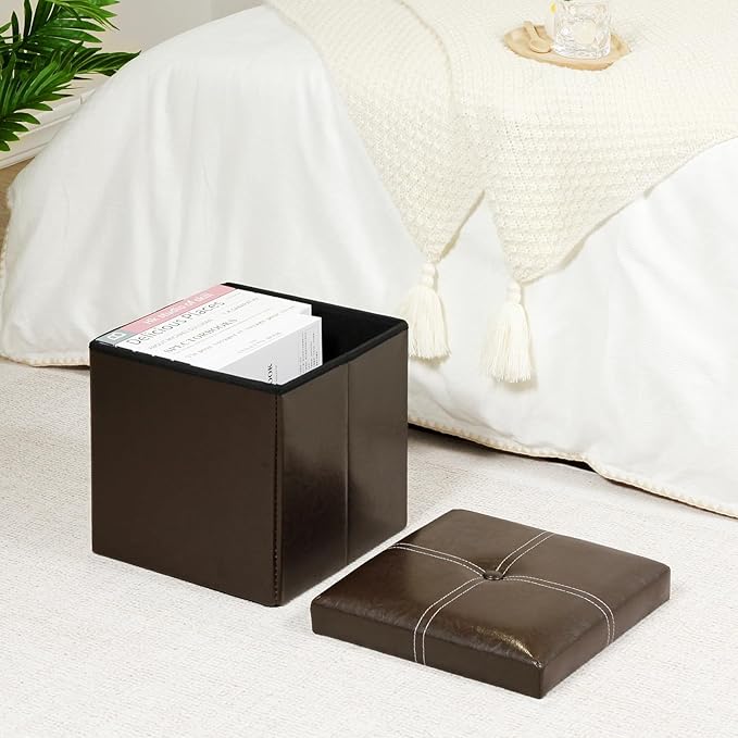B FSOBEIIALEO Folding Storage Ottoman Cube, Faux Leather Footrest Seat Coffee Table, Brown 11.8"x11.8"x11.8"