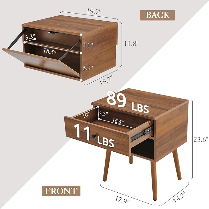 Hidden Compartment Nightstands, Mid Century Modern Concealment Furniture, Bedside Table with Wood Legs, End Table with Storage Drawer for Bedroom (1,Walnut)