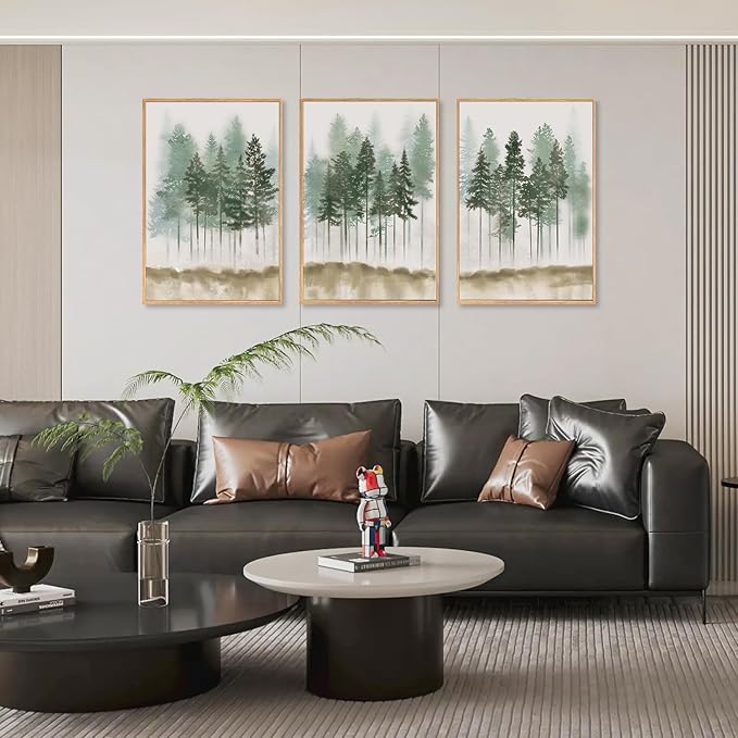 LHIUEM Foggy Pine Tree Framed Canvas Wall Art,Abstract Green Forest Wall Decor,Watercolor Nature Misty Forest Art Print for Living Room, Bedroom,Dining Room, Office-16''x24''x3
