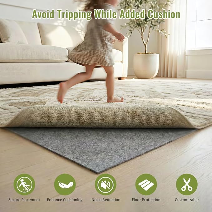 Felt Rug Pad with Gripper Dots, 8x10 Ft Non-Slip Rug Underpad with PVC Backing, 1/6" Thick Cushioned Carpet Pad Gripper for Hardwood Floors, Vinyl & Tile, Under Rug Padding Floor Protection