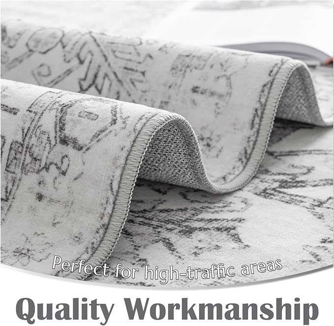 jinchan Lima Hallway Runner Rug 2x8 Washable - Vintage Floral Non Slip Low-Pile Soft Ultra-Thin Faux Wool Kitchen Rug Distressed Carpet Runner for Farmhouse Bedroom Laundry (2x8ft, Grey)