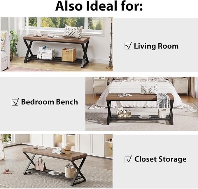 LVB Entryway Shoe Bench with Storage, 39” Entryway Bench for Foyer Hallway, Farmhouse Wood and Metal Indoor Bench for Entrance, Shoe Rack Storage Bench with Sitting for Living Room, Rustic Oak, 39 in