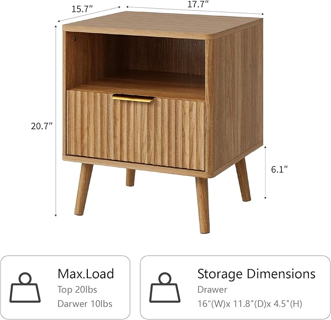 CARPETNAL Fluted Nightstand Set of 2, Walnut Bedside Table with Drawer and Storage Shelf, Wood End Table Mid Century Night Stands for Bedroom Living Room