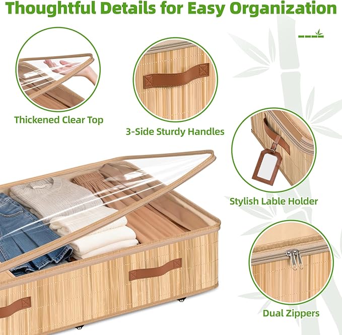 Livole Bamboo Under Bed Storage with Wheels, 6 inches Underbed Storage Containers, 56L XXL Rolling Under Bed Storage Bins with Clear Lid & Label for Clothes, Blankets, Sweater, Shoes, 1 Pack