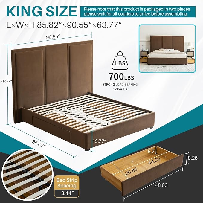 YUHUASHI King Size Bed Frame with 64-inch High Headboard, Simple and Airy Linen Upholstered Platform Bed with Storage Drawers, Wood Slat, No Noise (Brown, King)