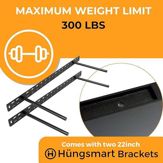 HÜNGSMART 60 Inch Wooden Floating Shelf – Supports 300lbs – 11 13/16 inch Deep - Engineered Wood – Black Stained Walnut Finish with Stainless Steel Insert– Includes Laser Welded Precision Wall Bracket