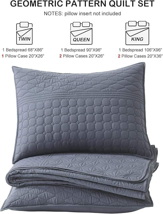 HORIMOTE HOME Steel Blue King Size Quilt Set - Soft Microfiber Bedspread with 2 Shams, Lightweight & All-Season Geometric Coverlet for Cozy Bedding