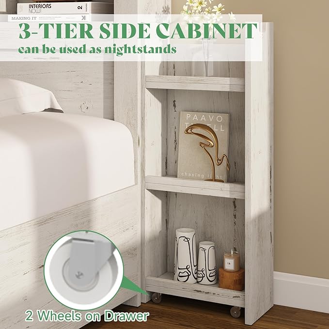 AMERLIFE Full Bed Frame with 4 Storage Drawers, LED Bed Frame with 49.6" Tall Bookcase Headboard, Wood Platform Bed with Charging Station & 2 Slide Bedside Shelf, No Box Spring Needed/Distressed White