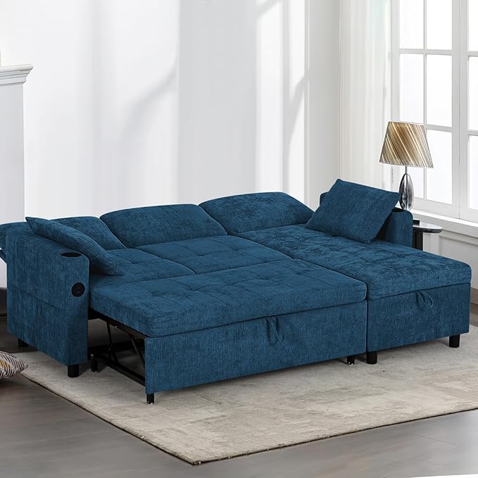 84" Chenille Pull Out Sofa Bed w/Adjustable Backrest, L-Shape Modern Sleeper Sofa w/Reversible Chaise, Upholstered Sectional Couch w/USB Port and Side Pockets for Living Room, House, Blue