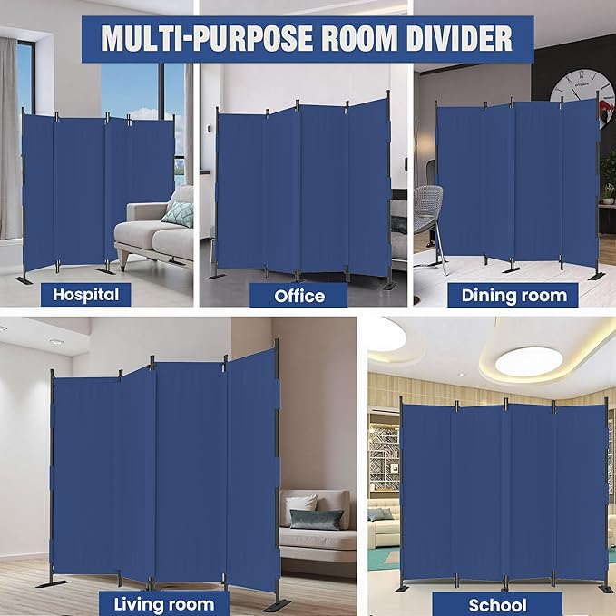 Room Divider, 4 Panel Upgraded Folding Privacy Screen, 88” Highly Secretive Separation with 3 Metal Feet, Partition Screen, Lightweight Freestanding Wall Divider Bedroom (Blue)