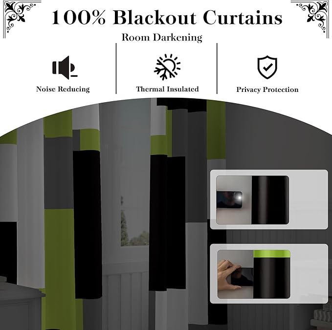 Lime Green 100% Blackout Curtains for Bedroom 96 inch Length 2 Panels Set Light Fresh Modern Abstract Geometric Black Out Curtains Insulated Room Darkening Window Drapes for Living Room, 52Wx96L