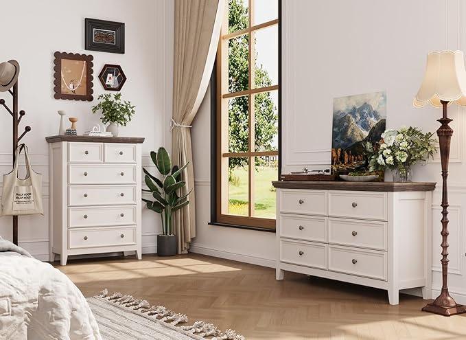 Dresser for Bedroom 6 Drawers Dresser - 47.2" Wide 6 Chest of Drawers Storage Double Cabinet as Bedfoot Organizer & Wardrobe Cabinet（Antique White & Brown）