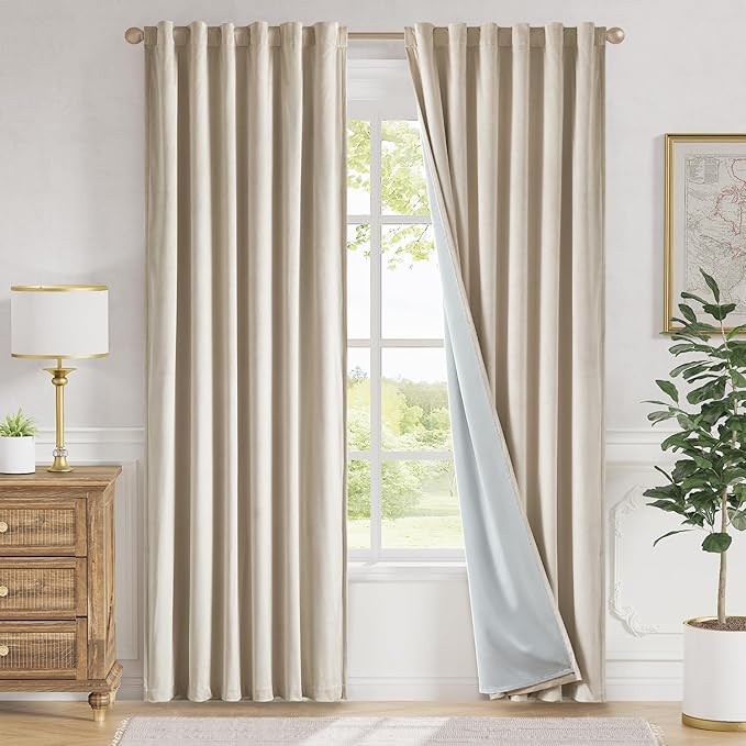 Lazzzy Beige Velvet Blackout Curtains 90 Inches Long Thermal Insulated Room Darkening Lined Curtain Drapes Luxury Back Tab Window Treatments for Bedroom Living Room 2 Panels, 52 x 90 Inch, Cream