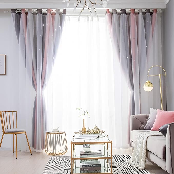 Star Blackout Curtains for Bedroom - Cute Kids Rainbow Curtains, 108 Inch Long 2 Panels, Pink & Grey