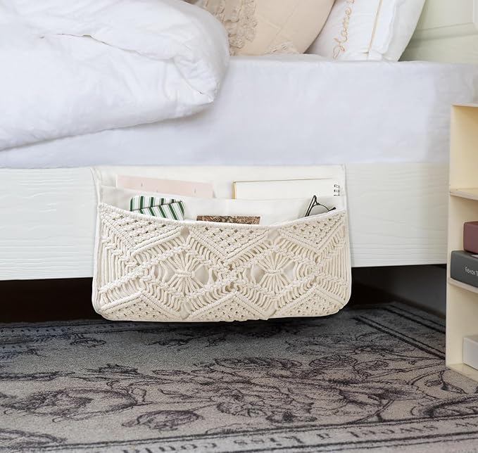 Mkono Macrame Bedside Caddy Storage Organizer Boho Remote Control Tablet Magazine Holder with 4 Pockets Non-slip Countertop Bedside Caddy for Home Bedroom Living Room College Dorm Bed, Ivory, Large