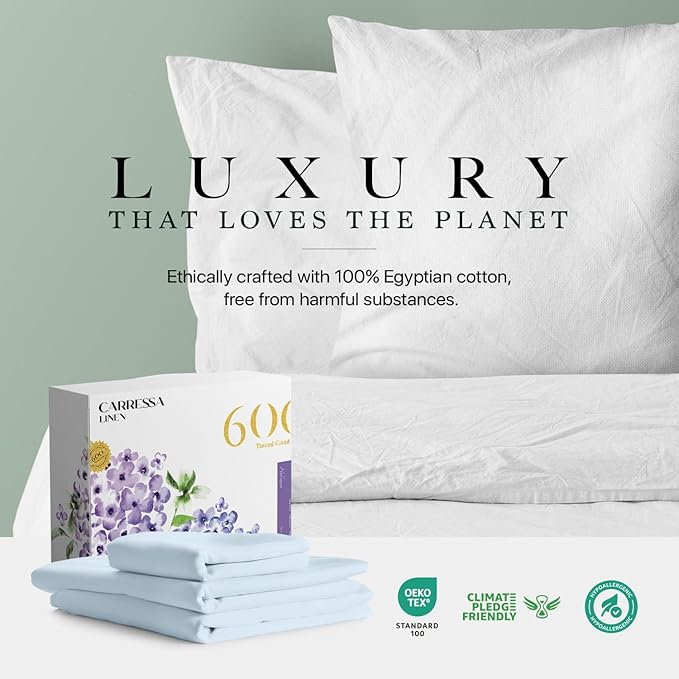 Carressa Linen 100% Egyptian Cotton Twin XL Sheets Set - 600 Thread Count Luxury Egyptian Cotton Sheets Twin XL Size (3 PC, Sky Blue), 16" Deep Pocket, Soft, Cooling, Sateen Weave Dorm Room Bedding