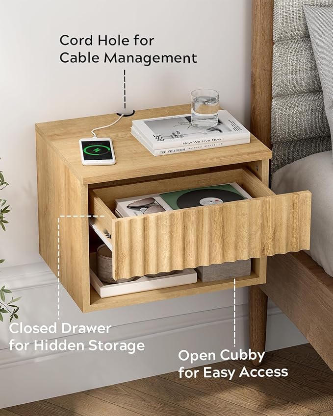 Small Floating Nightstand Set of 2, Modern Fluted Night Stand with Drawer and Open Storage Shelf Wall Mounted Bedside Tables Natural Oak