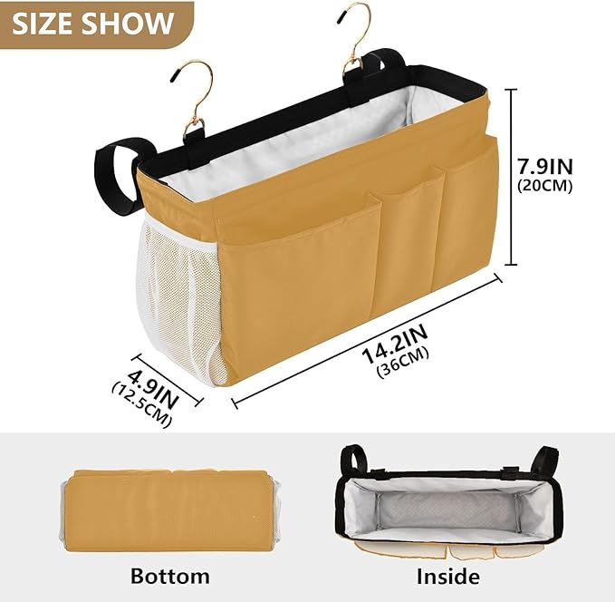 KOPIRIT Mustard Yellow Bedside Caddy Storage Bag Bedside Organizer for Bunk Bed Headboards College Hanging Bag Bedside Shelf 6 Pockets with Hooks for Magazine Water Bottle Holder