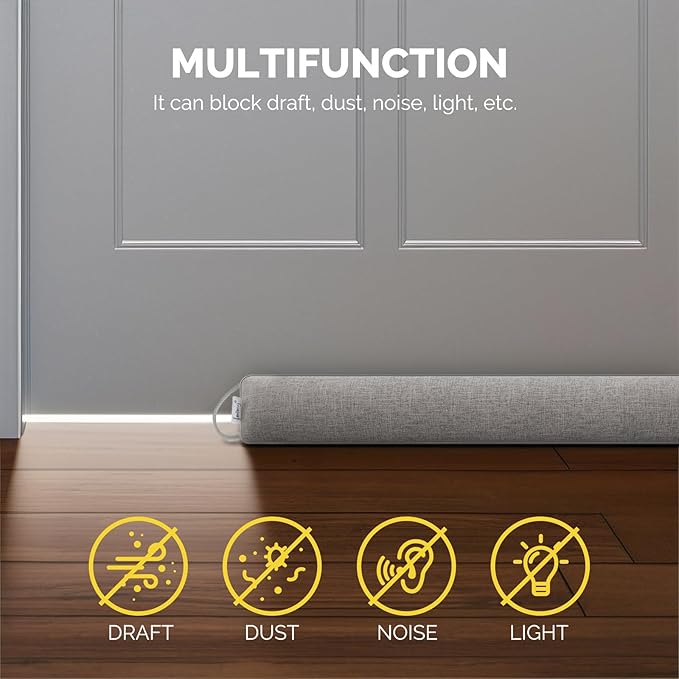 fowong Door Draft Stopper 30 Inch Weighted Under Door Noise Stopper Soundproofing Draft Guard Wind Blocker with Hook Tapes for Easy Install, Grey