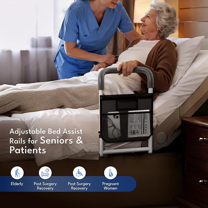 HOMEAL Bed Rails for Elderly Adults Safety, ASTM Approved Bedside Assist Rail for Seniors with Motion Sensor Light, Non-Slip Ergonomic Handle, 350 lb Tested, Fixing Strap Included (Grey)