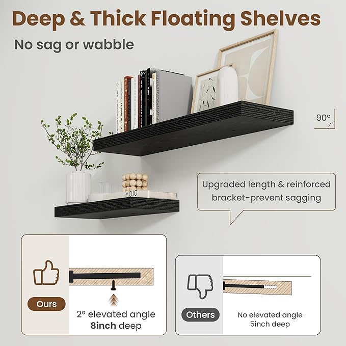 55 Inch Floating Shelves for Wall, 8 Inch Deep Floating Shelf for Storage & Display, Rustic Wall Mounted Shelf with Invisible Brackets for Living Room, Kitchen, Bathroom, Home Decor, Set of 2, Black