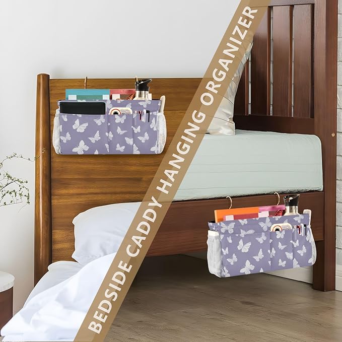Bedside Caddy Hanging Bunk Bed Caddy Bed Organizer Hanging Pocket with 2 Hooks Bedside Storage Organizer Pocket Bag Holder White Butterfly Purple
