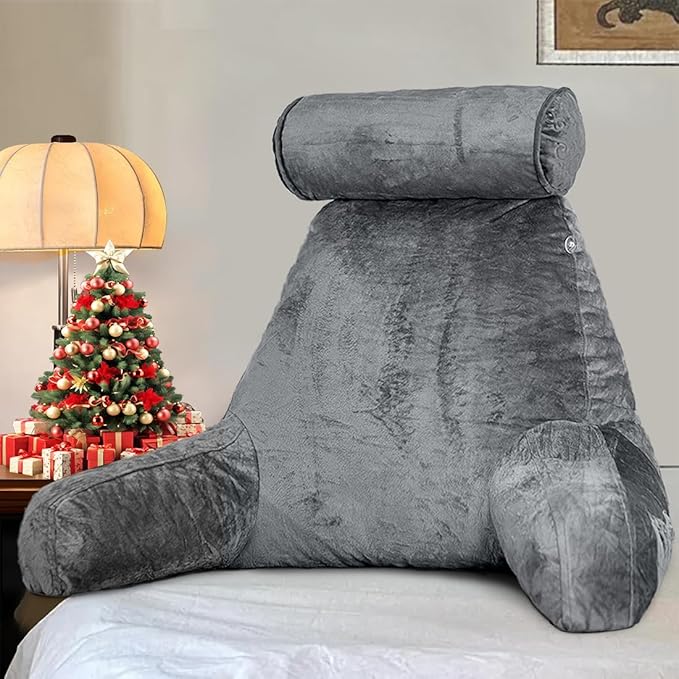 mittaGonG Reading Pillow for Sitting in Bed with Detachable Neck Roll & Big Bed Backrest Pillow Back Support Pillow Chair Pillow with Washable Cover for Adult with Arms and Side Pocket Shredded Foam