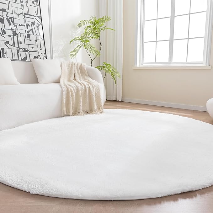 Amazon Basics Fluffy Washable Round Area Rug, Circle Shaggy Carpet for Living Room, Bedroom, Nursery, 5'R, Cream
