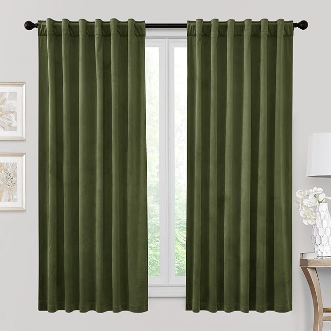 RYB HOME Velvet Curtains 72 inches Length, Back Tab & Rod Pocket Soft Fabric Curtains & Drapes for Home Office Attic Cafe Basement, Olive Green, W 52 x L 72, 2 Panels Set