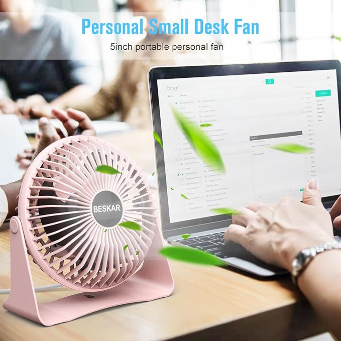 BESKAR USB Small Desk Fan, Portable Fans with 3 Speeds Strong Airflow, Quiet Operation and 360°Rotate, Personal Table Fan for Home,Office, Bedroom - 3.9 ft Cord